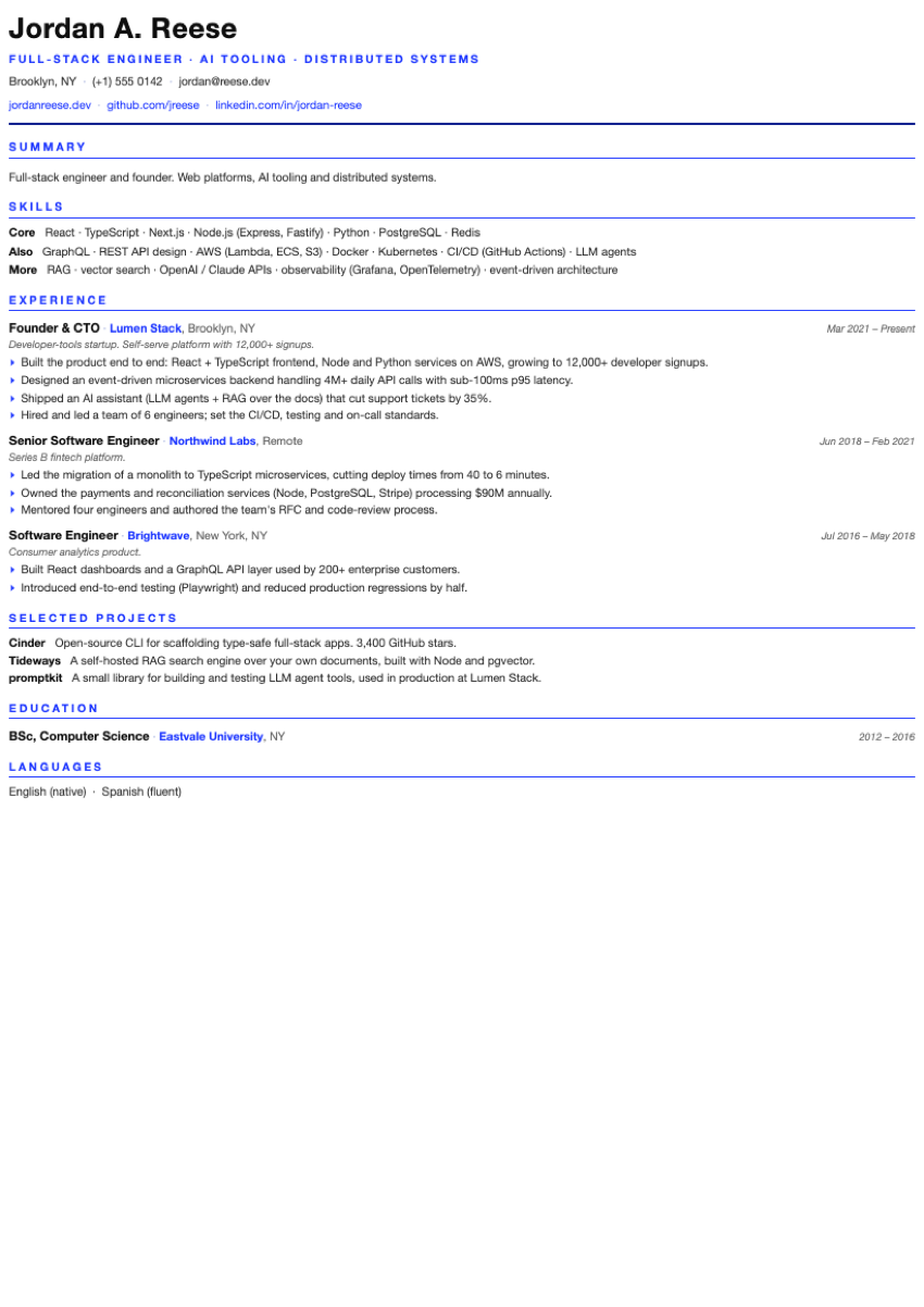 A designed, ATS-safe resume generated by Tailwright